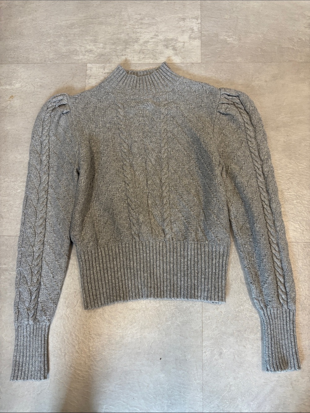 LOFT Gray Cable-Knit Mock Neck Sweater with Puff Shoulders